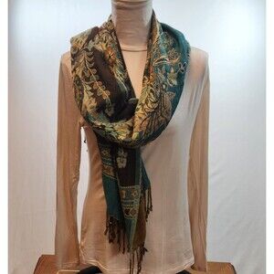 Apt 9 Womens Scarf Shawl Wrap Blue Brown Floral Paisley Fringed Soft Silky